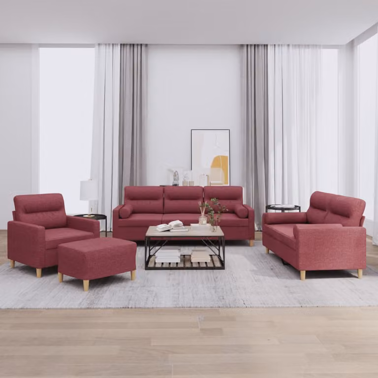 Set di divani 4 pezzi vidaXL in tessuto rosso con cuscini e pouf per soggiorno