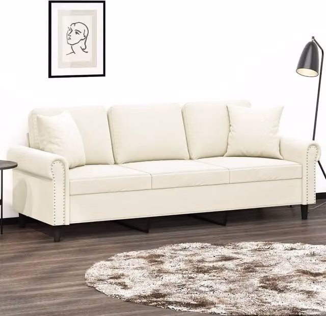 Divano a 3 posti moderno vidaXL in velluto beige e bianco con cuscini e struttura in metallo