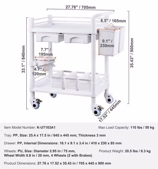 Carrello da laboratorio rotolante in plastica bianca per clinica, ospedale o estetica, L/P/H: 90 x 70,5 x 44,5 cm