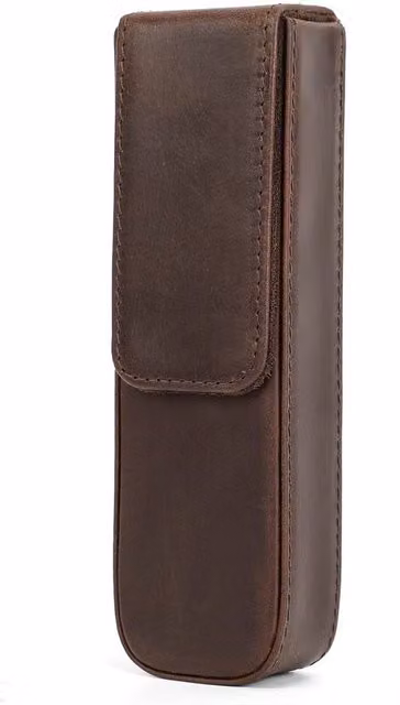 Etui per pennarelli in vera pelle marrone stile vintage con due contenitori e chiusura a patta per viaggi e organizzazione scrivania