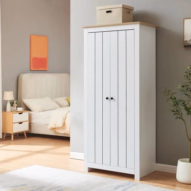 Armadio per guardaroba Trorjam en.casa con barra appendiabiti e scomparti, Bianco/Effetto Rovere, H: 175 cm, L: 80 cm, P: 52 cm