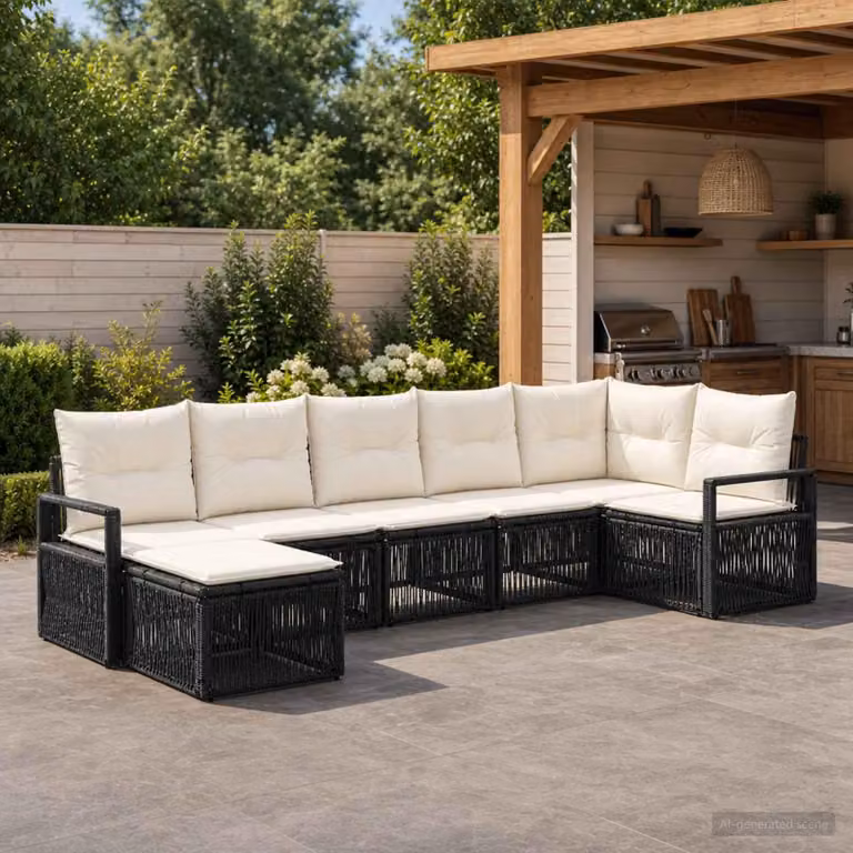 Maison Exclusive - Set da giardino composto da 7 pezzi, divano e poltrone, in rattan sintetico nero