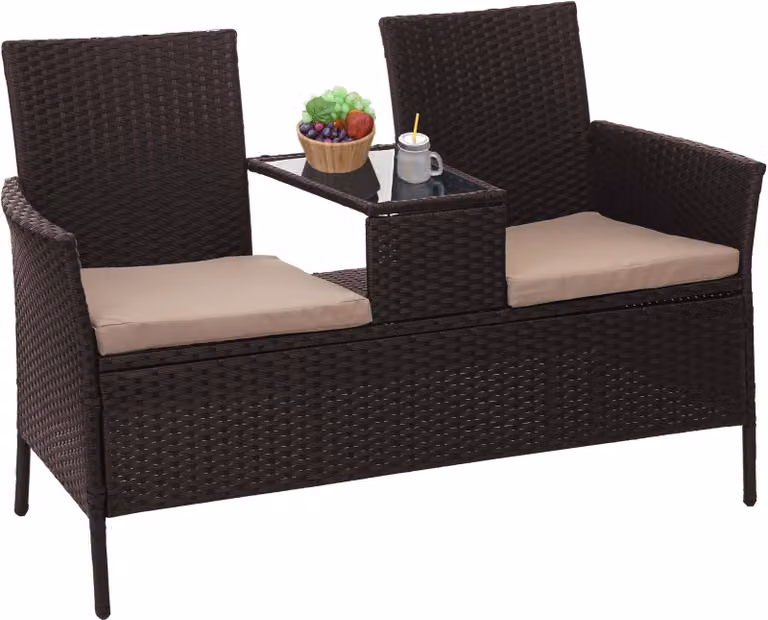 Panchina in polyrattan con tavolino MCW-E24, set da giardino con divanetto, 132 cm ~ marrone, cuscini color crema