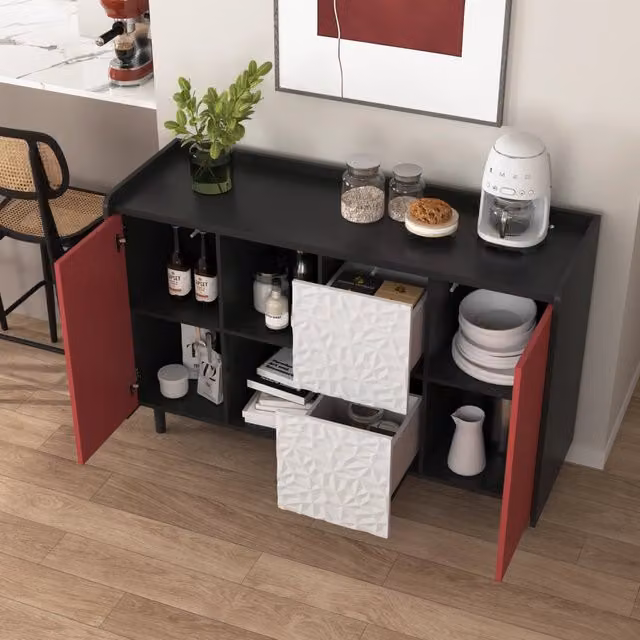 Credenza da cucina con 2 cassetti e vano chiuso in MDF nero e rosso 40 × 120 × 80 cm