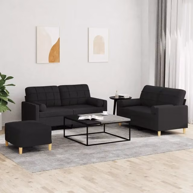 Set di divani da soggiorno vidaXL in tessuto nero con cuscini decorativi e struttura in metallo e MDF – 1