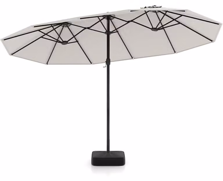 Ombrellone da giardino doppio con manovella e base, modello WY01145KNFR-KF, 443 cm, color beige chiaro