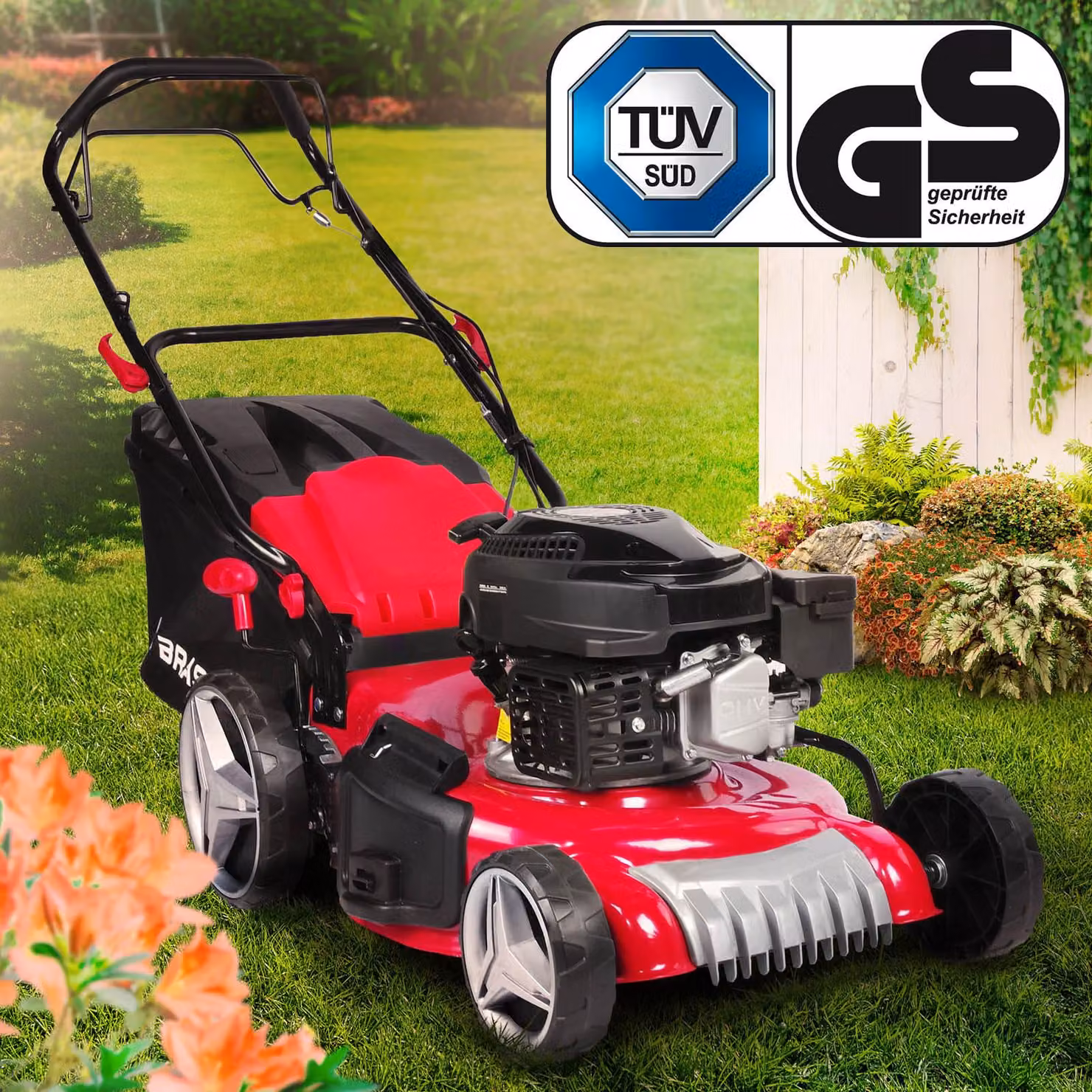 Tosaerba a benzina BRAST con trasmissione | 3,5 kW (4,76 CV)-5,2 kW (7 CV) | Larghezza di taglio 46-51 cm | Numerosi modelli | Motore OHV a 4 tempi | Altezza di taglio 30-80 mm | Cesto di raccolta da 60 L | Carrozzeria in acciaio | RED LINE 4,76 CV