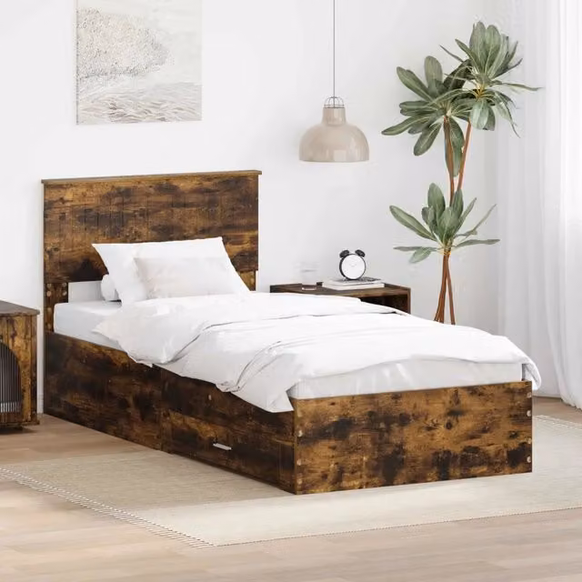 Struttura letto moderno vidaXL in legno color rovere fumo con cassetti L/P/H: 190 x 90 x 200 cm