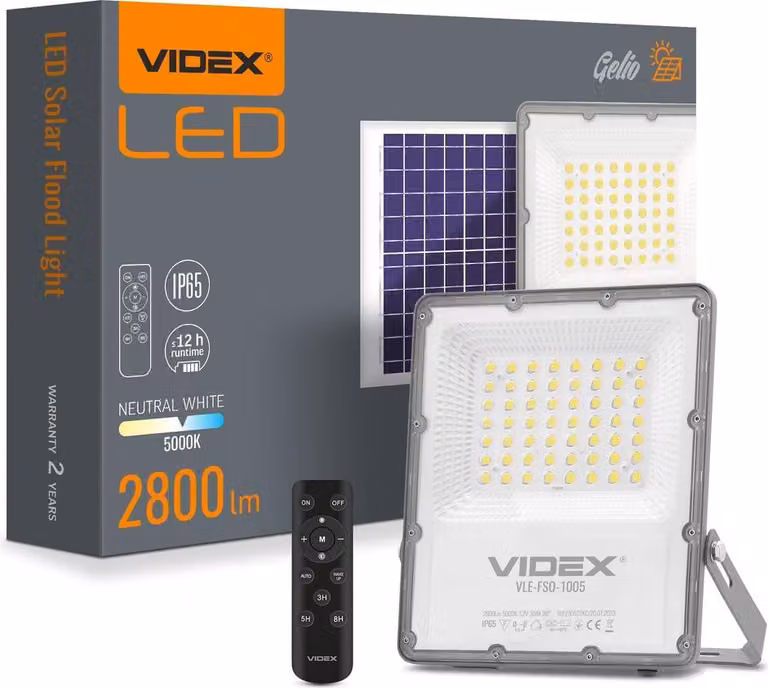 Proiettore solare a LED Videx con lampada alogena, modalità automatica, 2800 lm, grado di protezione IP65 + telecomando