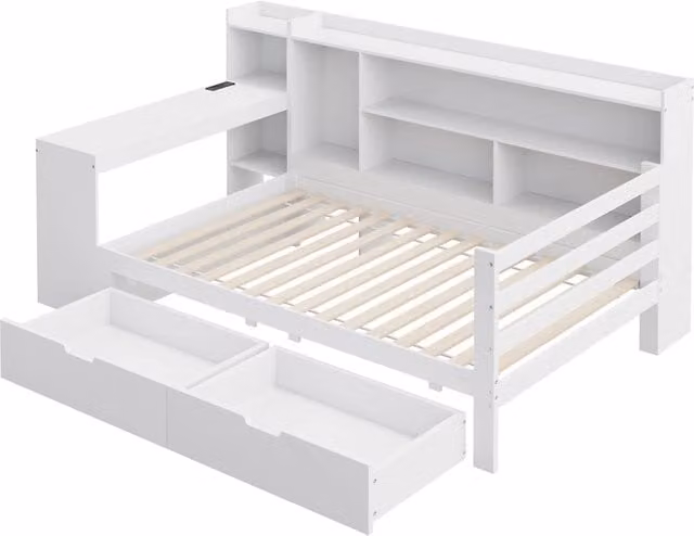 Divano Letto in Legno Massello 90x200 cm con Scrivania, Scaffali, Ripiani e Presa Elettrica, Bianco