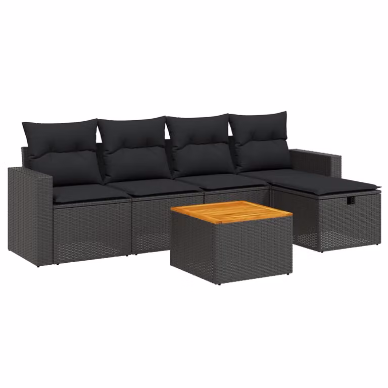 Set Divano da Giardino 6 pz con Cuscini Nero in Polyrattan