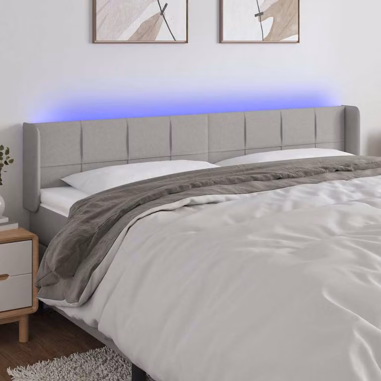 Testiera con LED e porta USB vidaXL in tessuto grigio chiaro, L: 163 cm, P: 16 cm, H: 78-88 cm