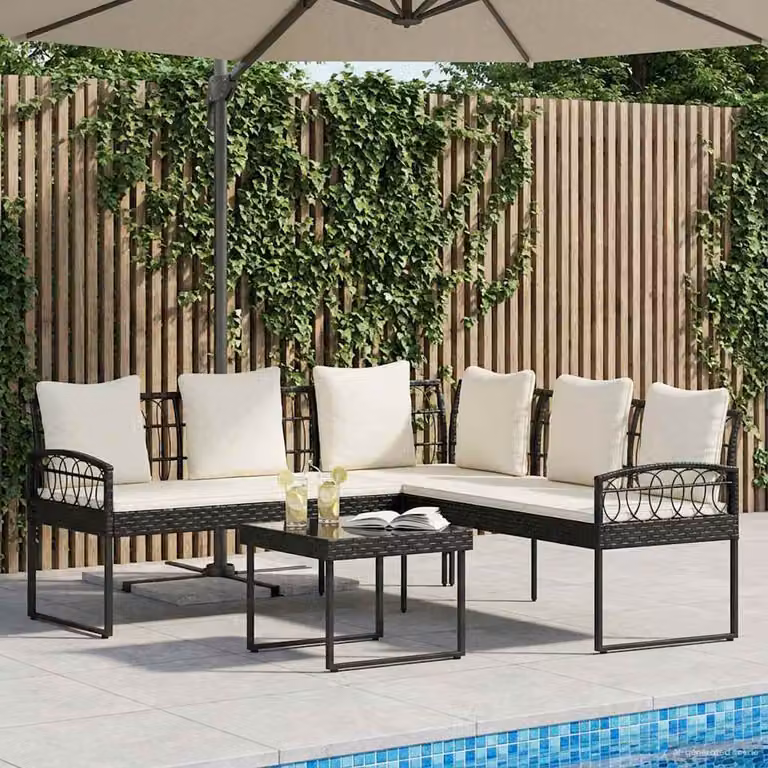 Set Divano da Giardino a L vidaXL con Tavolino, Nero e Beige, in Rattan e Acciaio Verniciato a Polvere con Cuscini Inclusi