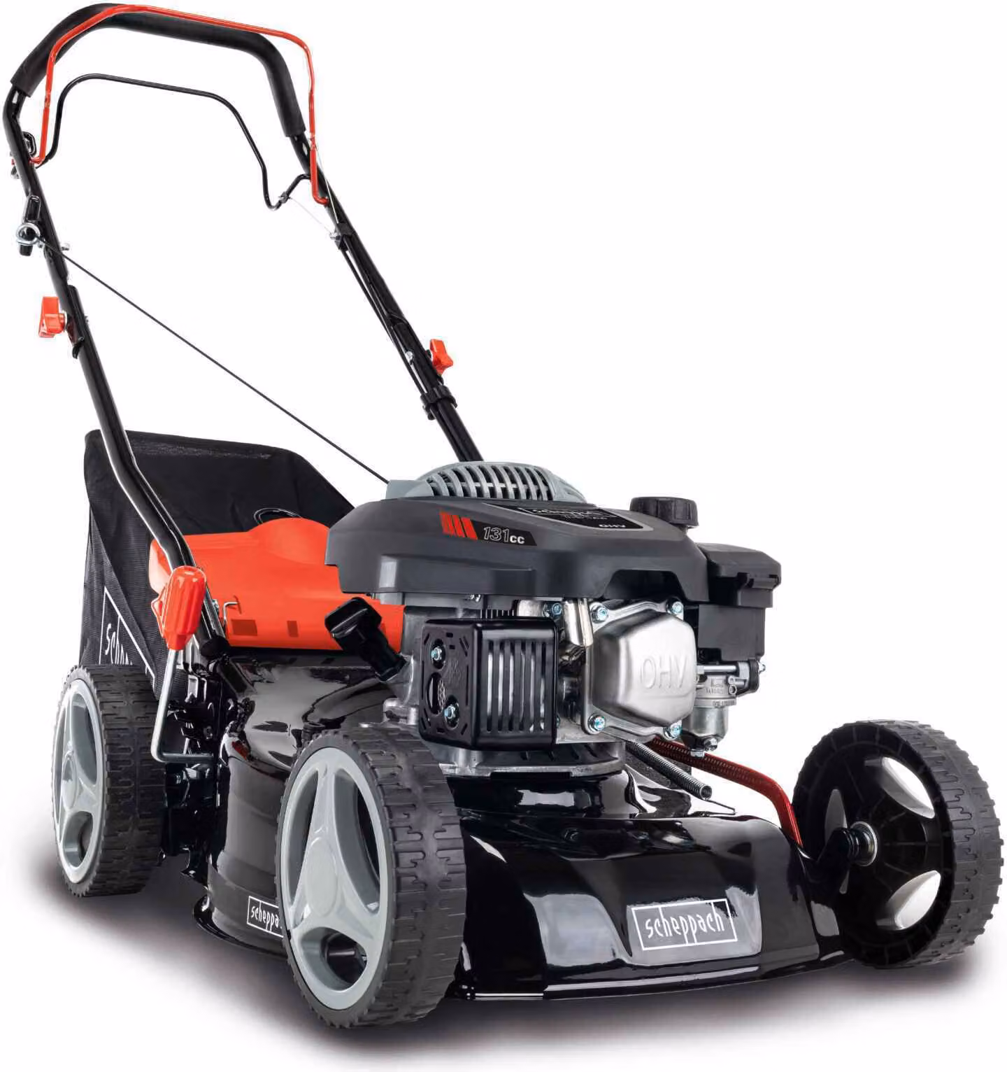 Scheppach MS132-42 Tosaerba a benzina | Larghezza di taglio 42 cm | Trazione sulle ruote | 3,4 CV | Funzione di pulizia | Funzione mulching | Cestello di raccolta da 45 l | Regolazione dell'altezza