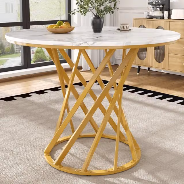 Tavolo da Pranzo Rotondo Minimal con Piano in MDF Effetto Marmo Bianco e Gambe in Metallo Oro L: 80 cm, P: 80 cm, H: 76 cm