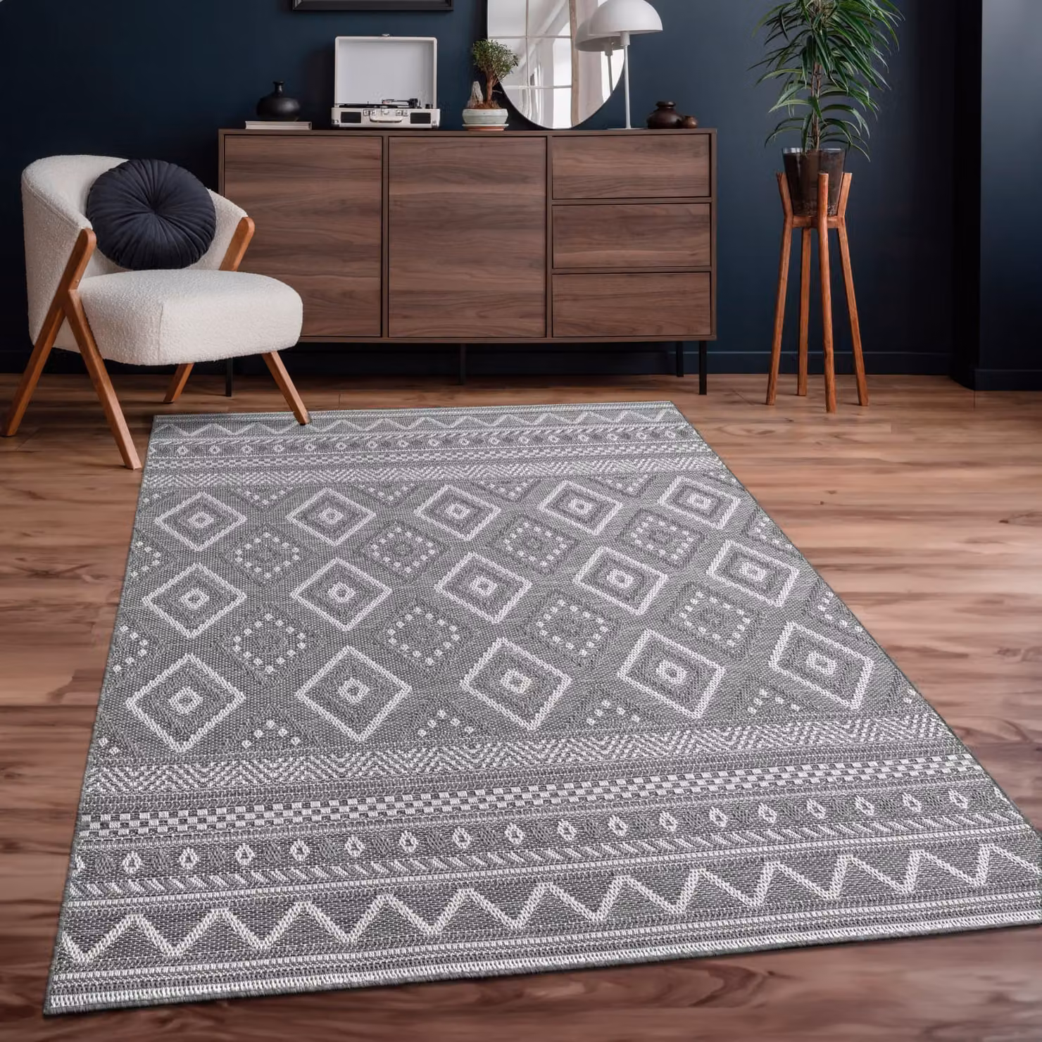 Tappeto rettangolare Verona per interni ed esterni, stile boho con motivo diamonds, grigio e beige, L: 120 cm x P: 160 cm – 2
