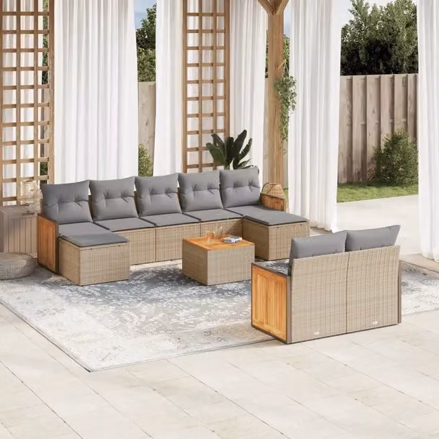 vidaXL Set Divano da Giardino 10 pz a Forma a U in Polyrattan con Cuscini Beige e Grigio