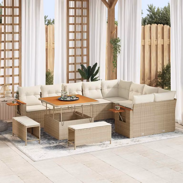 Set Divano da Giardino vidaXL 12 Pezzi in Polyrattan Beige con Tavolino e Cuscini Imbottiti