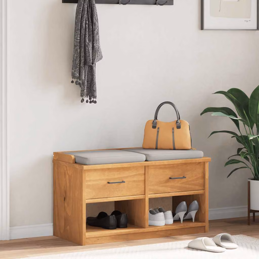 Panca da corridoio e porta scarpe vidaXL SANDNES in legno massello di pino e acacia, stile rustico, marrone, L 87 cm x P 40 cm x H 50 cm