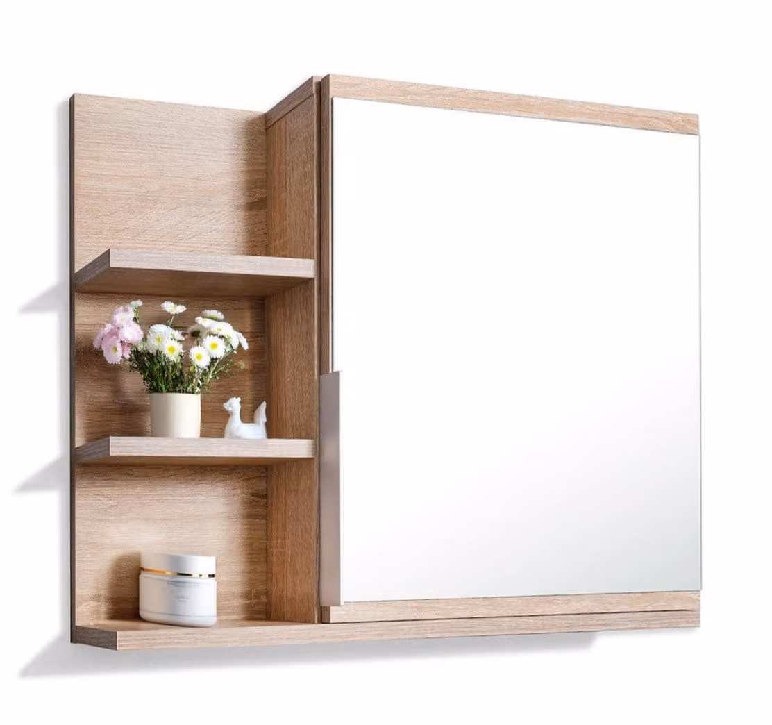 Specchiera 60x50 rovere Sonoma, mobile bagno con ripiani, specchio bagno, pensile - sinistra