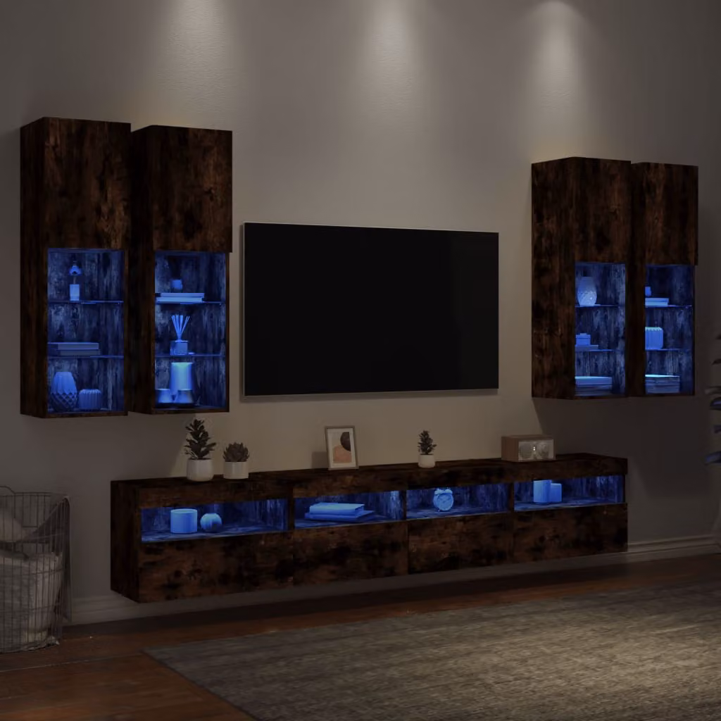 Set di mobili TV a muro moderno vidaXL composto da 7 pezzi con luci LED in finitura rovere fumo e marrone opaco – 1