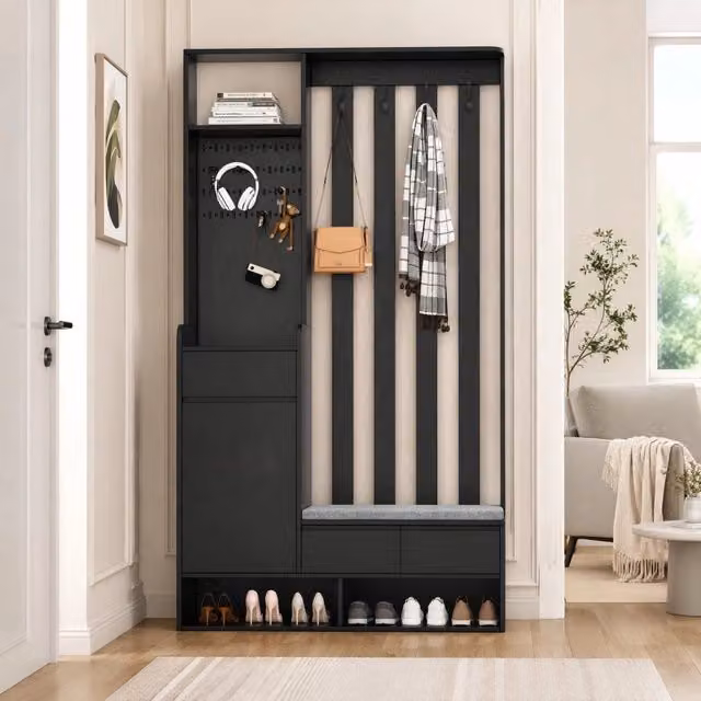 Mobile ingresso 6-in-1 con panca; pannello forato; cassetto e 4 ganci; MDF nero; 180 x 100 x 35 cm