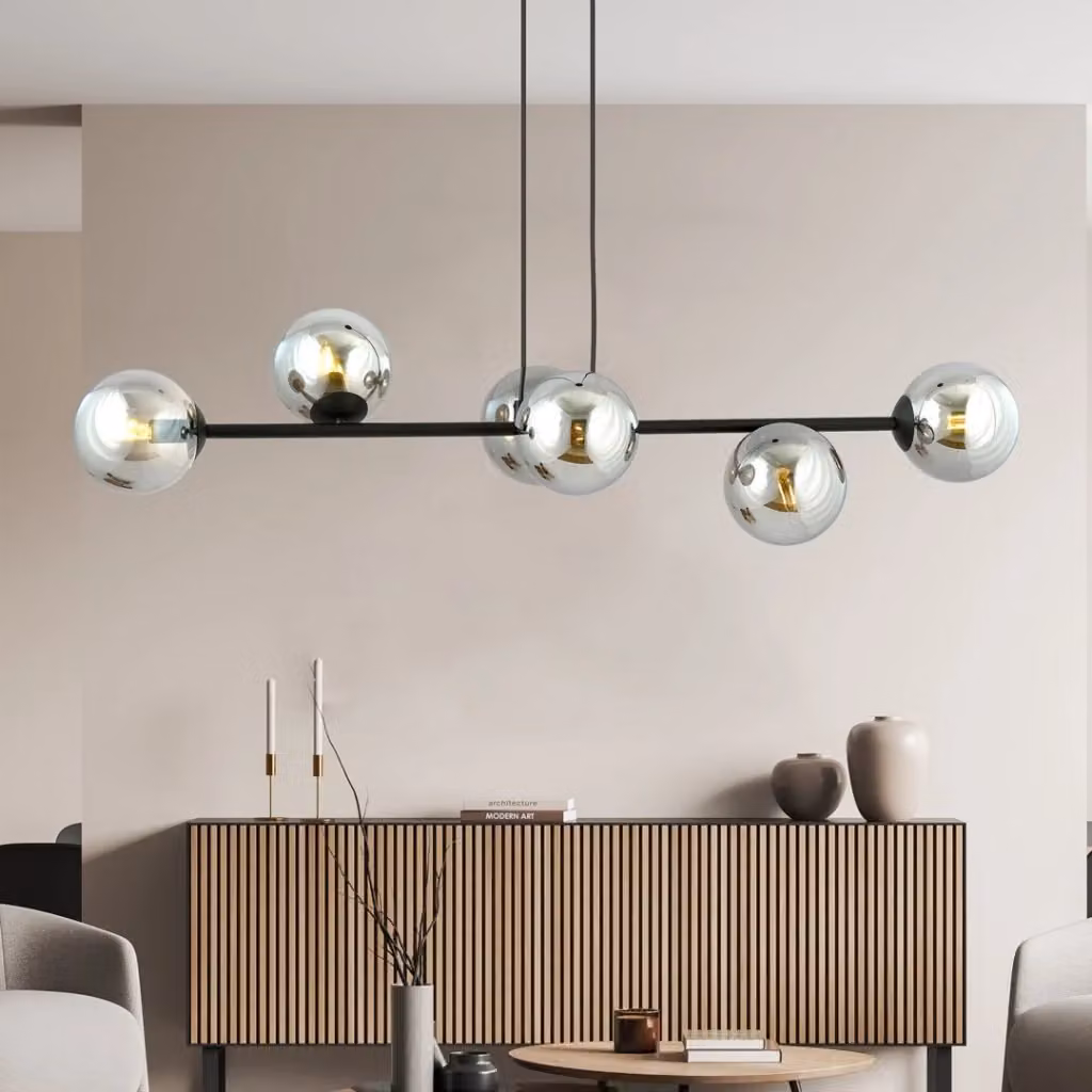 Lampadario a sospensione Emibig moderno in metallo e vetro nero con 6 luci E14, Diametro: 110 cm – 2