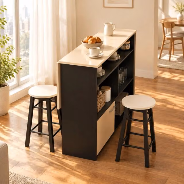 Set tavolo bar pieghevole con 2 sgabelli rotondi, nero, 116x70x89,5 cm