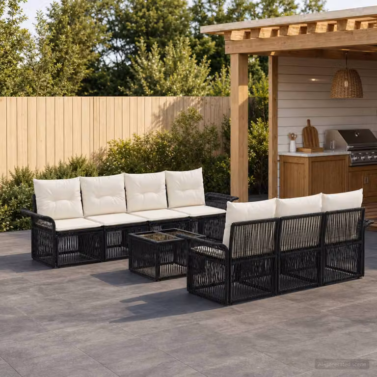 Set Divano da Giardino vidaXL 8 Pezzi Moderno a Forma di U in Polyrattan Nero con Cuscini Imbottiti e Tavolino