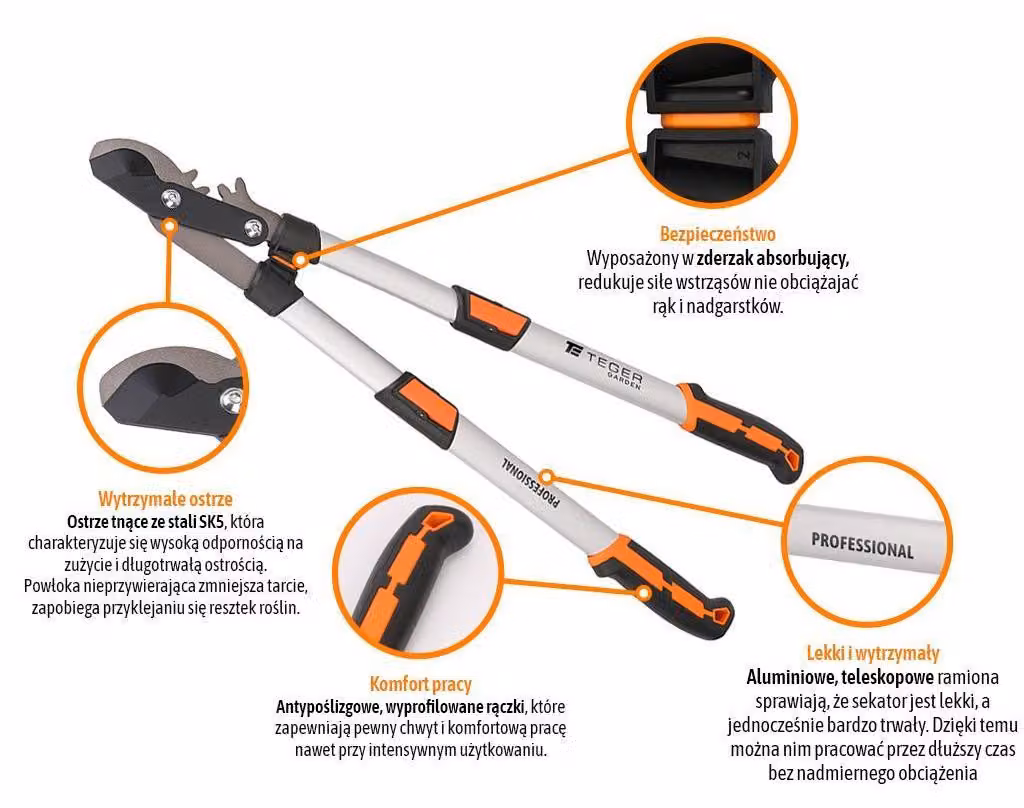 Forbici da giardino professionali - a due mani, telescopiche, in alluminio, marca Teger