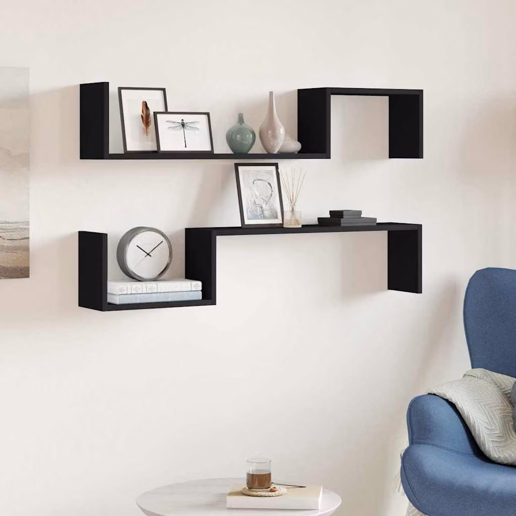vidaXL Set di 2 Mensole da Muro in Legno Multistrato Nere, L 100 cm x P 20 cm x H 15 cm