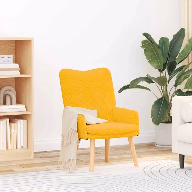 Poltrona Lounge Moderna in Tessuto Giallo con Braccioli e Struttura in Legno di Gomma L: 63 cm, P: 67 cm, H: 94 cm