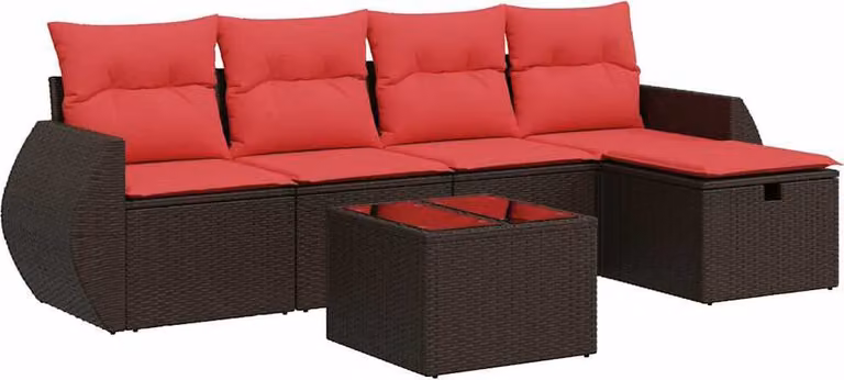 Set Divano da Giardino 6 pz con Cuscini Marrone in Polyrattan