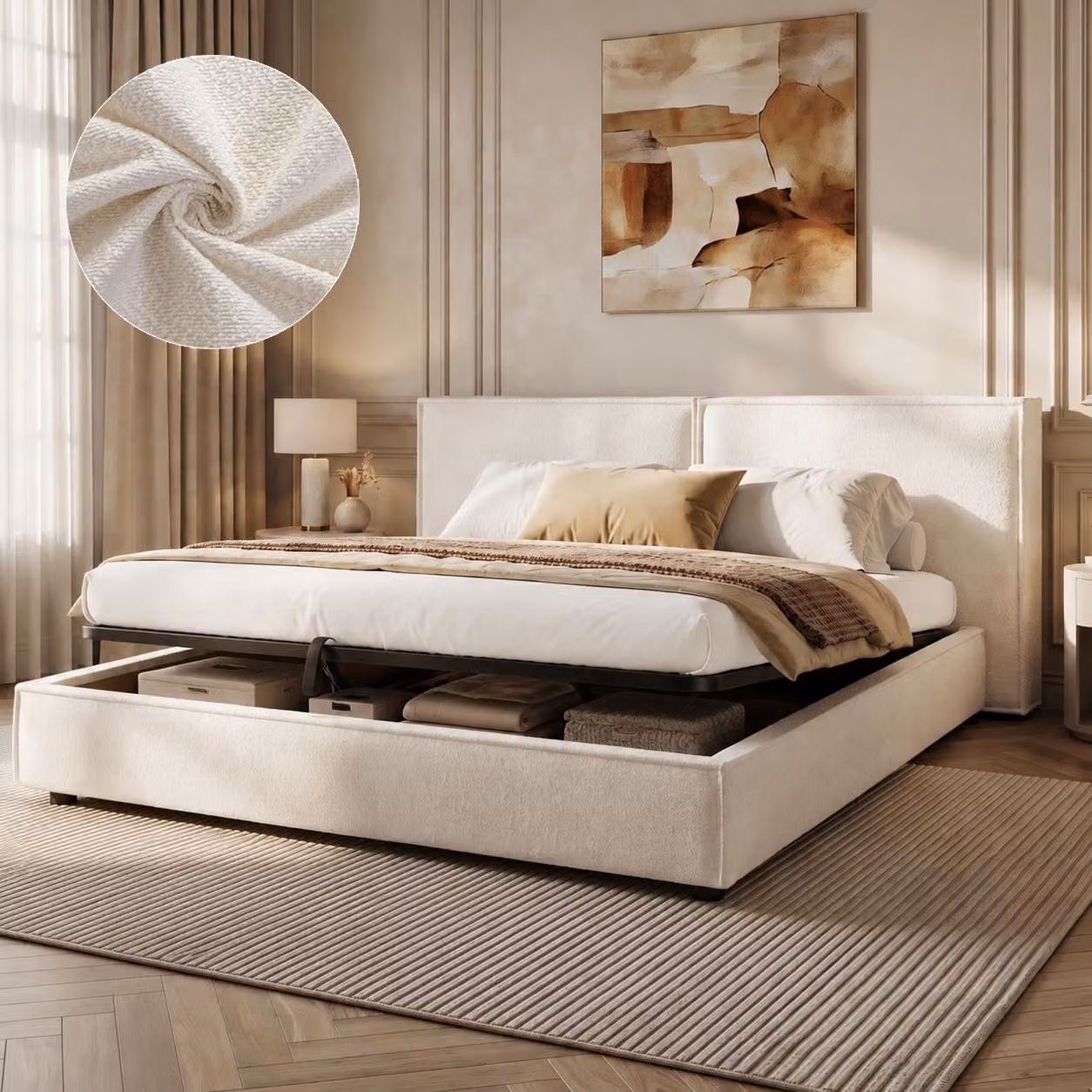 Letto imbottito 180 x 200 cm con rivestimento in tessuto bouclé e contenitore a sollevamento idraulico – Letto matrimoniale a motivi geometrici, con dettagli plissettati e rete a doghe, letto contenitore bianco