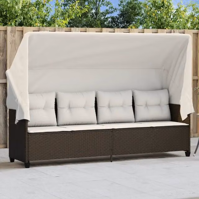 Lettino Prendisole con Baldacchino e Cuscini Marrone Polyrattan 368336