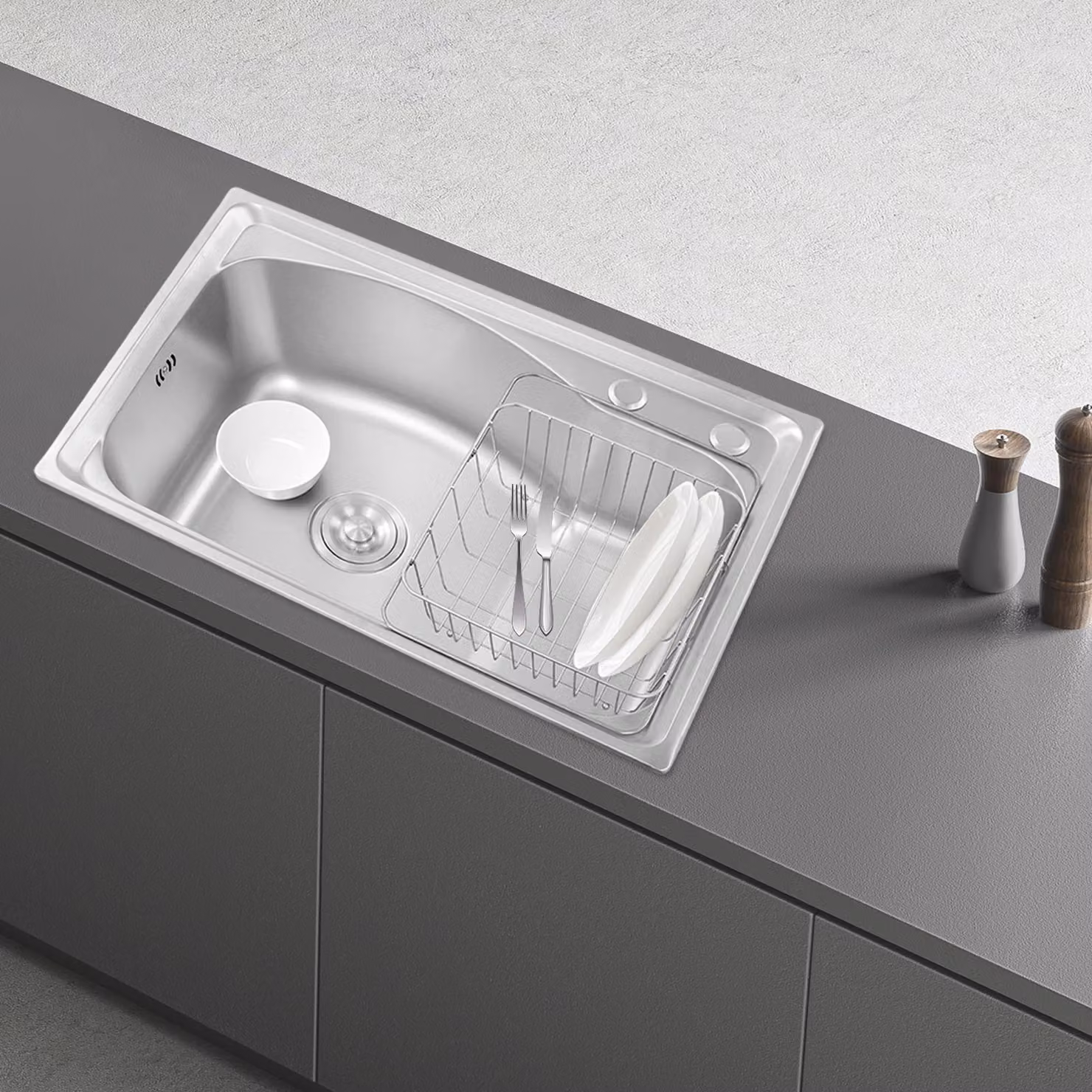 Lavello da cucina, vasca singola, grigio chiaro, 65x44 cm, acciaio inossidabile