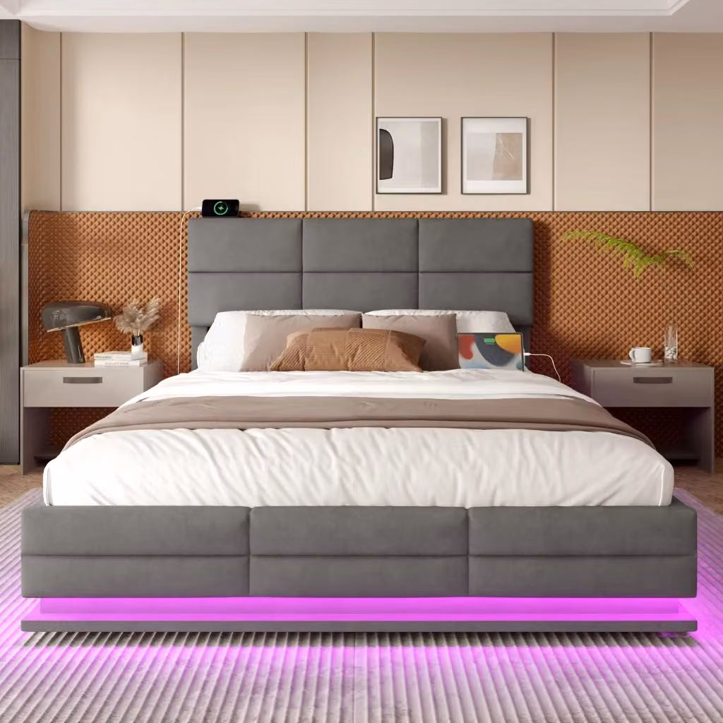 Letto contenitore OKWISH in velluto grigio con illuminazione LED sotto il letto, porte USB e testiera regolabile, L/P/H: 160 x 200 x 115 cm – 2