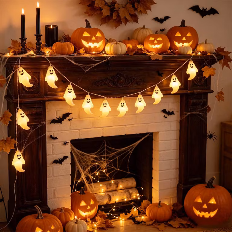 Catena luminosa per Halloween, 3 metri, 20 luci a forma di fantasmi, alimentazione a batteria