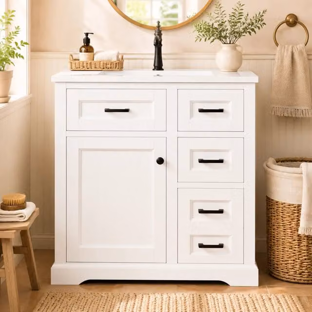 Mobile lavabo da terra con lavandino in ceramica integrato, 76x47x82 cm, bianco, superficie laccata, ante soft-close, estrazione laterale a due livelli, ripiano porta