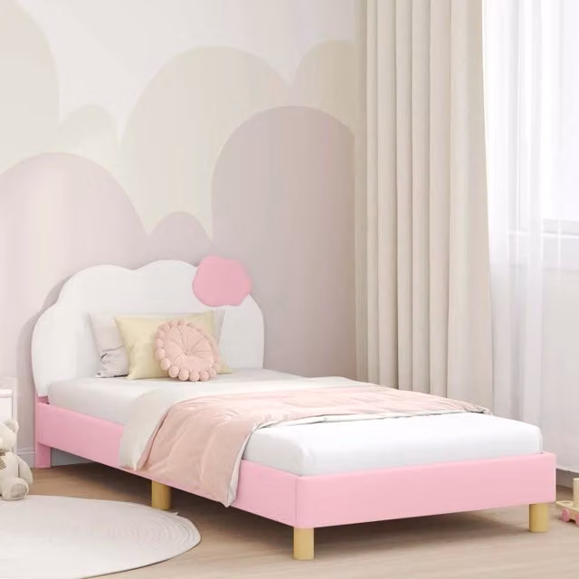 Struttura letto per bambini con testata e giroletto in ecopelle rosa, dimensioni 80 x 200 cm