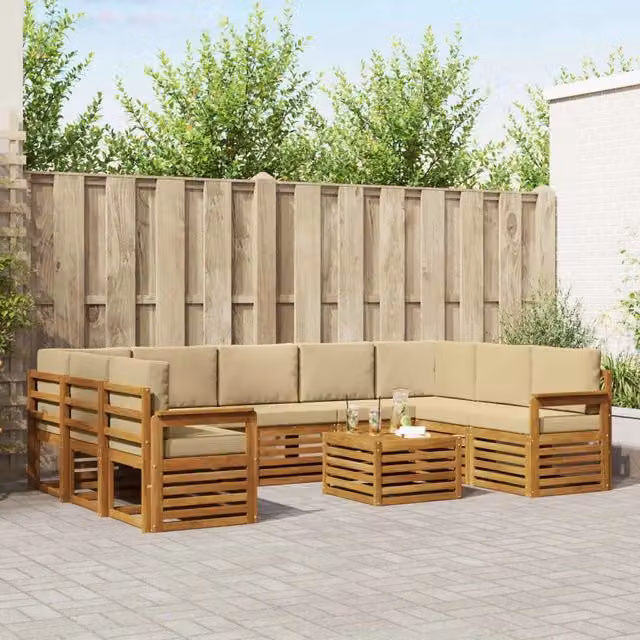 Set di divani da esterno a L con tavolino vidaXL in legno di acacia, colore beige e marrone, composto da 10 pezzi con cuscini inclusi