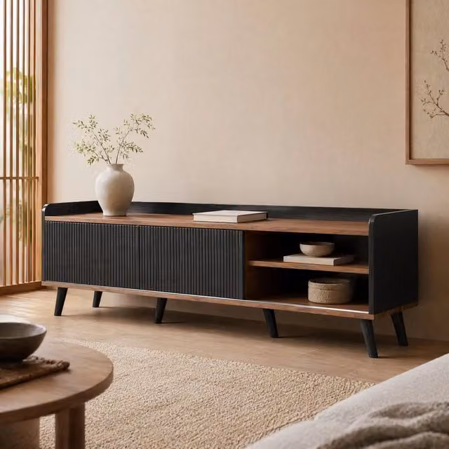 Mobile TV con 2 ante scorrevoli e 2 cassetti; 160 x 40 x 58 cm; nero e legno