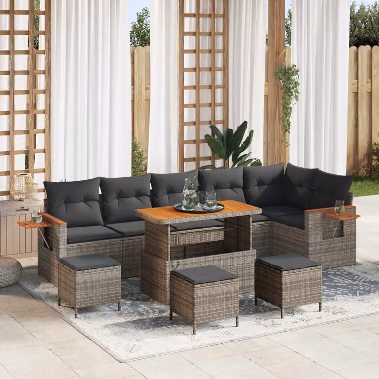 Set Divano da Giardino vidaXL 10 Pezzi Grigio con Tavolino, Ottoman e Cuscini in Polyrattan e Metallo