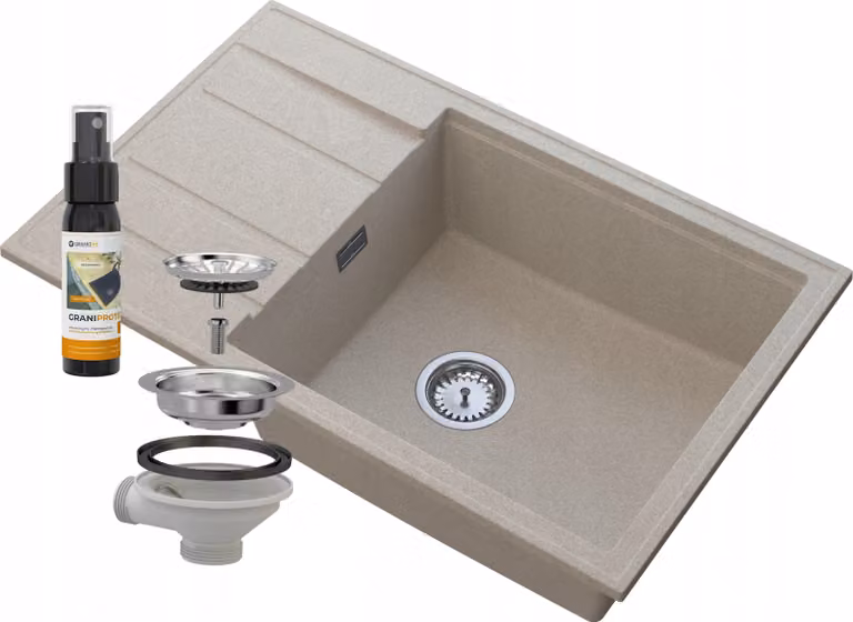Granitan - Lavello in granito - Lavandino 80x50 cm - Lavello cucina beige - con sifone - LOUIS