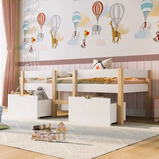 Letto per bambini semialto con 2 cassetti, barriera anticaduta, scala e rete a doghe in legno bianco L/P: 90 x 200 cm