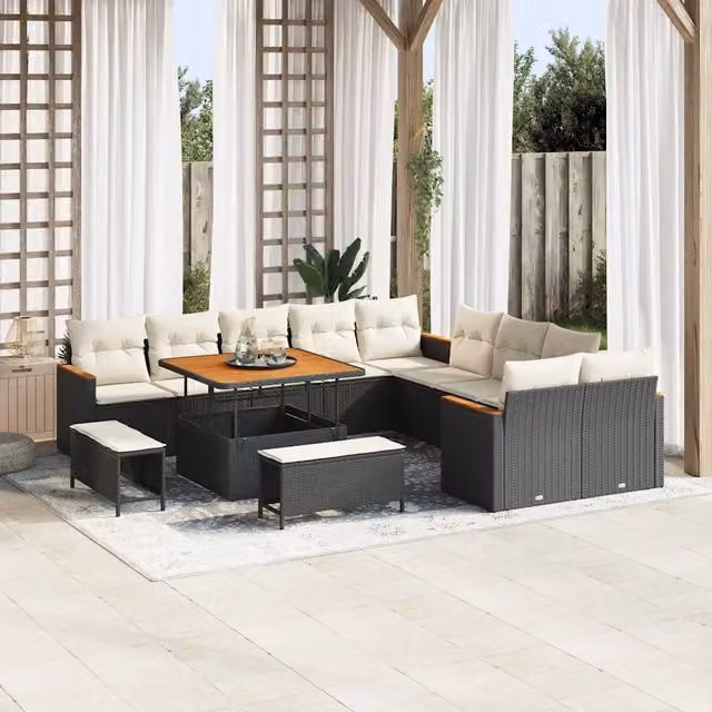 Set Divano da Giardino vidaXL a Forma di U con 13 Pezzi, Nero, con Cuscini e Tavolino da Caffè – 1