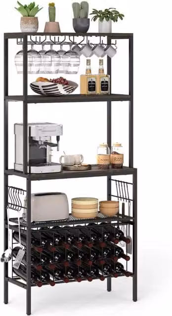 Scaffale multi-livello con portabicchieri e porta tazze per microonde per cucina, Organizer per vini con presa di corrente Marrone