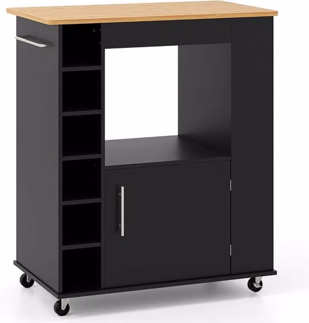 Isola da cucina con ruote e portabottiglie a 6 scomparti con piano in bambù, Carrello da cucina moderno nero L: 76 cm, P: 44 cm, H: 89 cm – 1