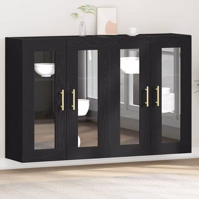 Set di 2 armadi da parete moderni vidaXL con ante in vetro e ripiani interni, colore nero opaco, L: 69,5 cm, P: 34 cm, H: 90 cm – 1