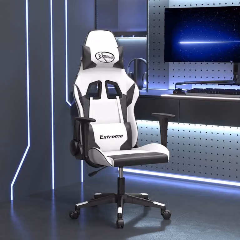 Sedia da Gaming vidaXL in Similpelle Bianco e Nero con Poggiatesta e Ruote, girevole a 360 gradi, L/P/H: 61,0 x 66,5 x 127,5 cm